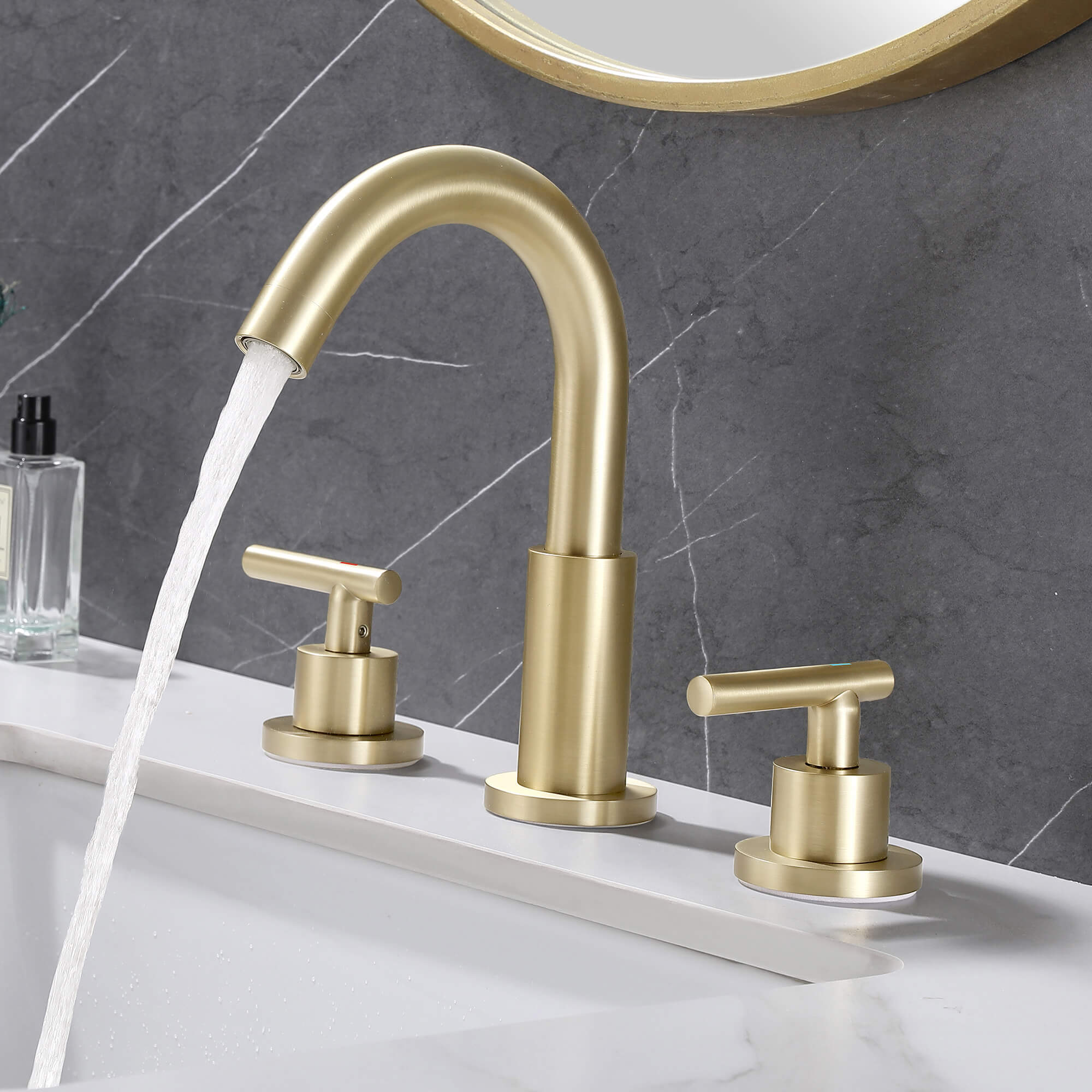 Dual-Handle Deck Faucet with Swivel Spout for Bathroom Sink