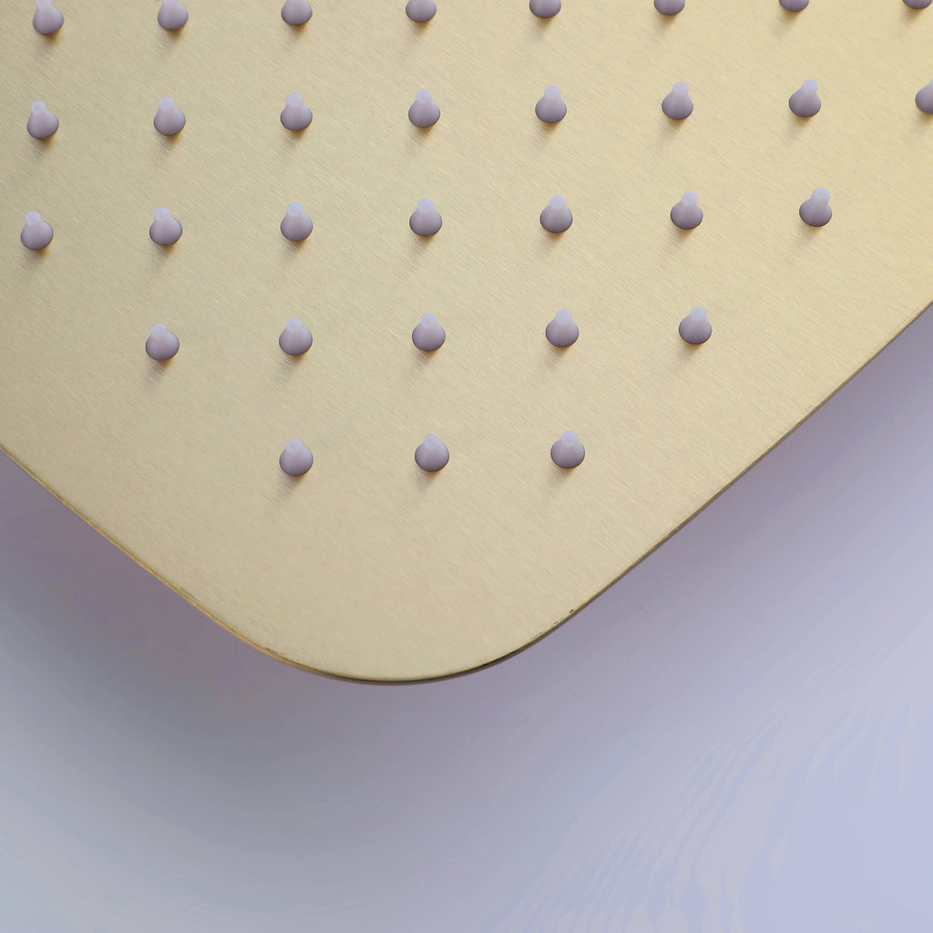 Close-up of silicone nozzles on brushed gold shower head, easy to clean and anti-clog design.