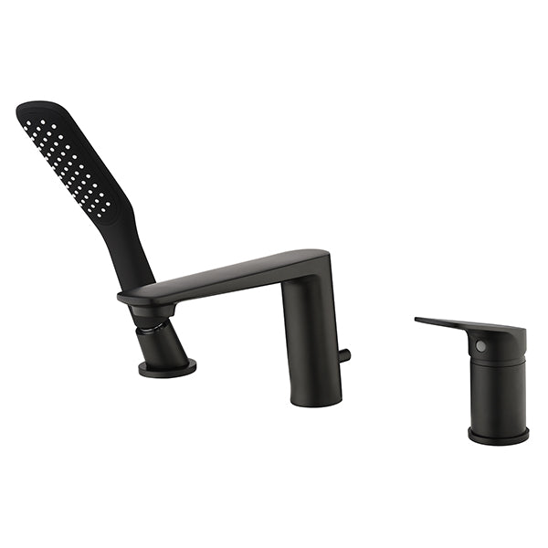 Deck-Mounted Bathtub Faucet with Compact Hand Shower and Single Lever