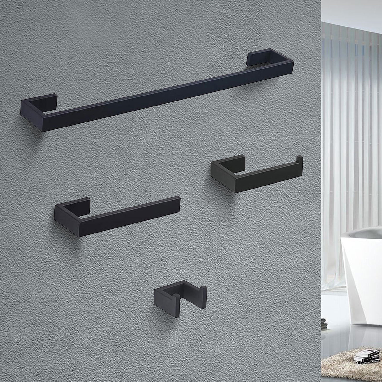 Wall-Mounted Matte Black 4-Piece Square Bathroom Hardware Set