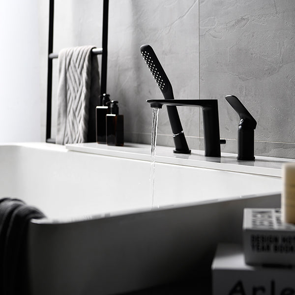 Deck-Mounted Bathtub Faucet with Compact Hand Shower and Single Lever