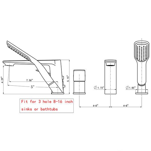 Deck-Mounted Bathtub Faucet with Compact Hand Shower and Single Lever