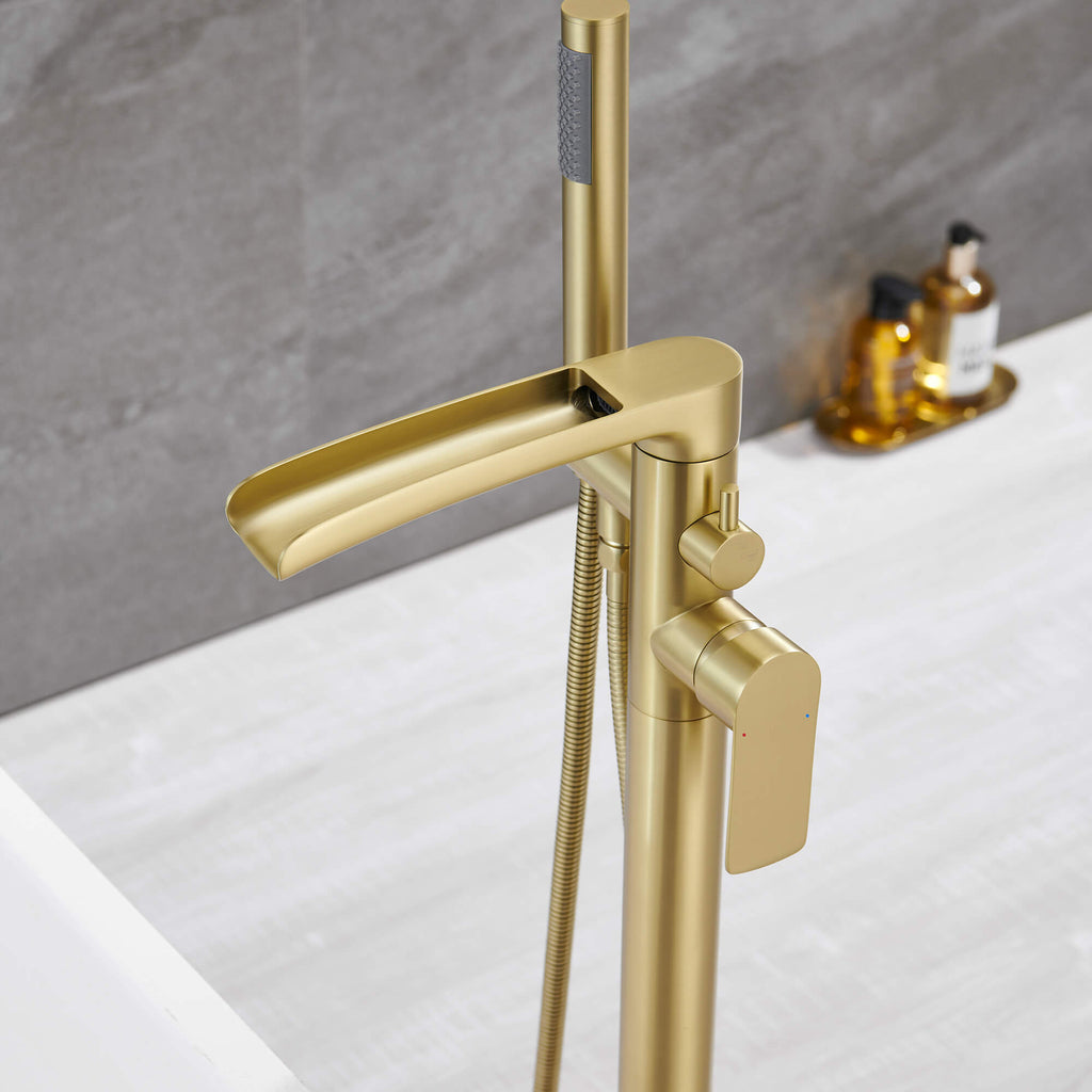 Freestanding Tub Filler with Waterfall Spout and Shower Wand Attachment