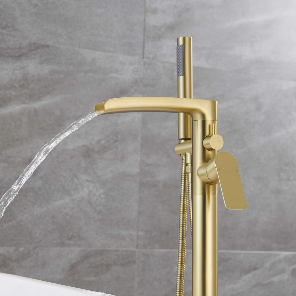 Freestanding Tub Filler with Waterfall Spout and Shower Wand Attachment