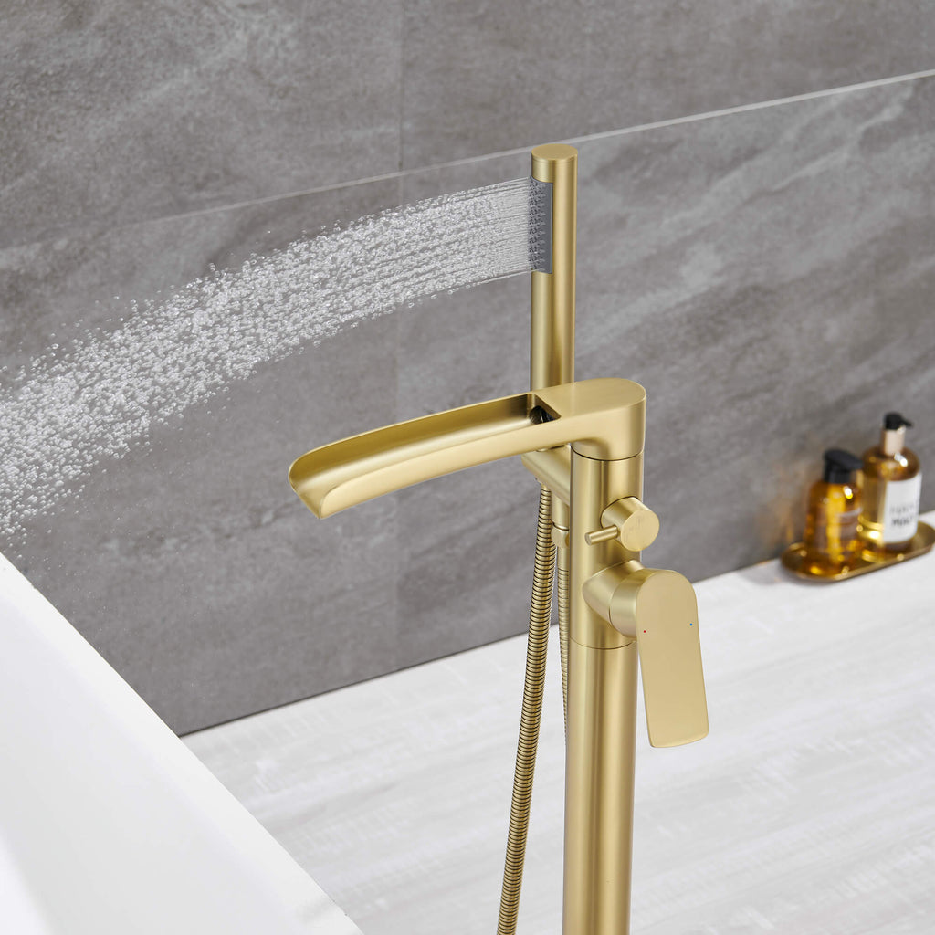 Freestanding Tub Filler with Waterfall Spout and Shower Wand Attachment
