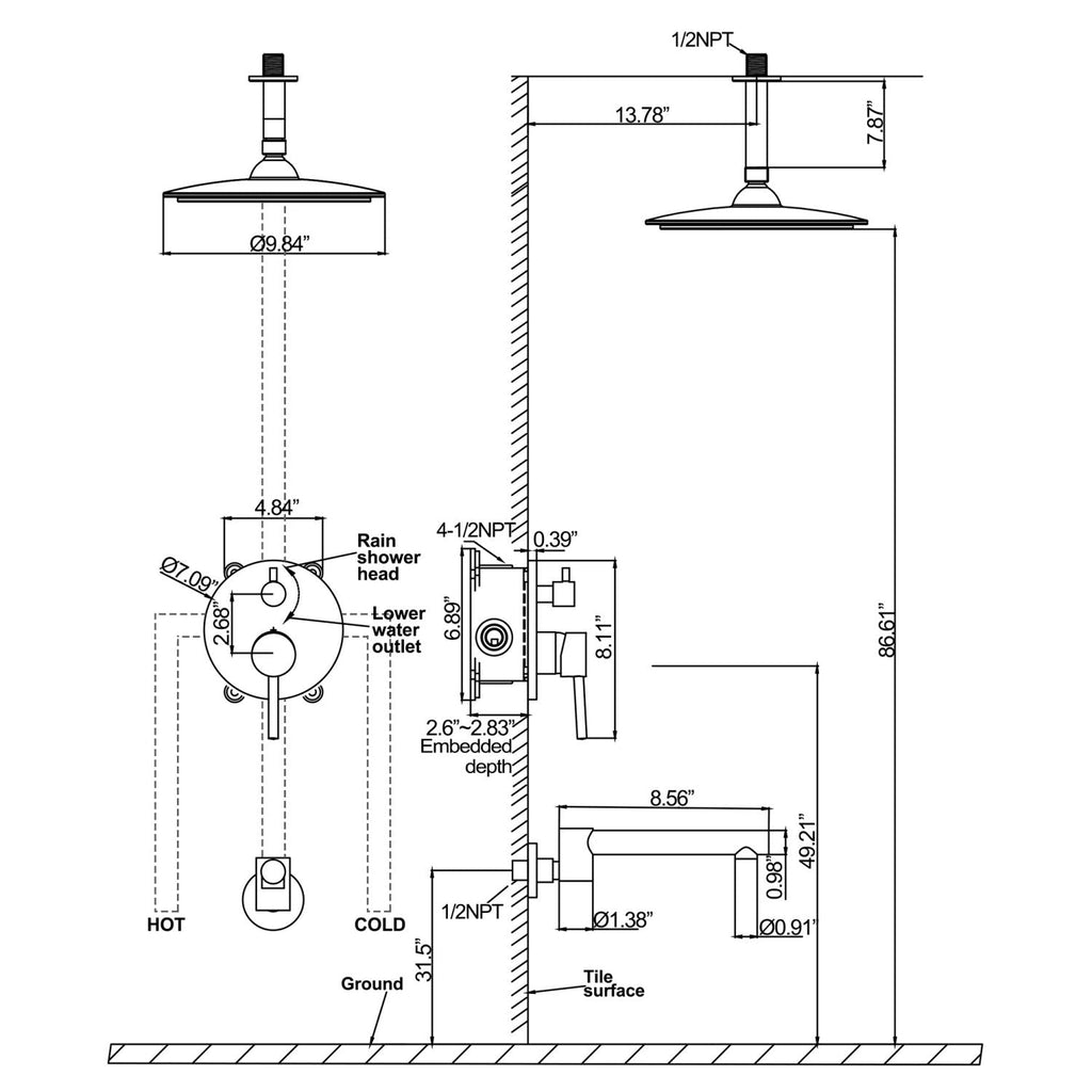 Complete Wall-Mounted Shower Kit with Tub Spout