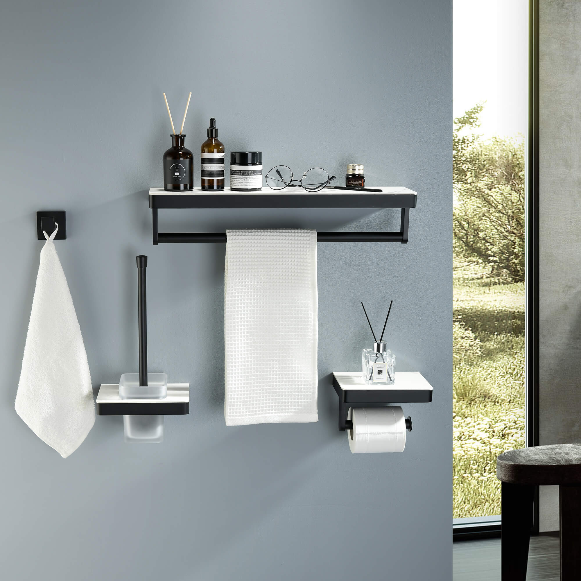 4-Piece Bathroom Hardware Set Towel Racks with Shelf and Toilet Bowl Brush with Holder