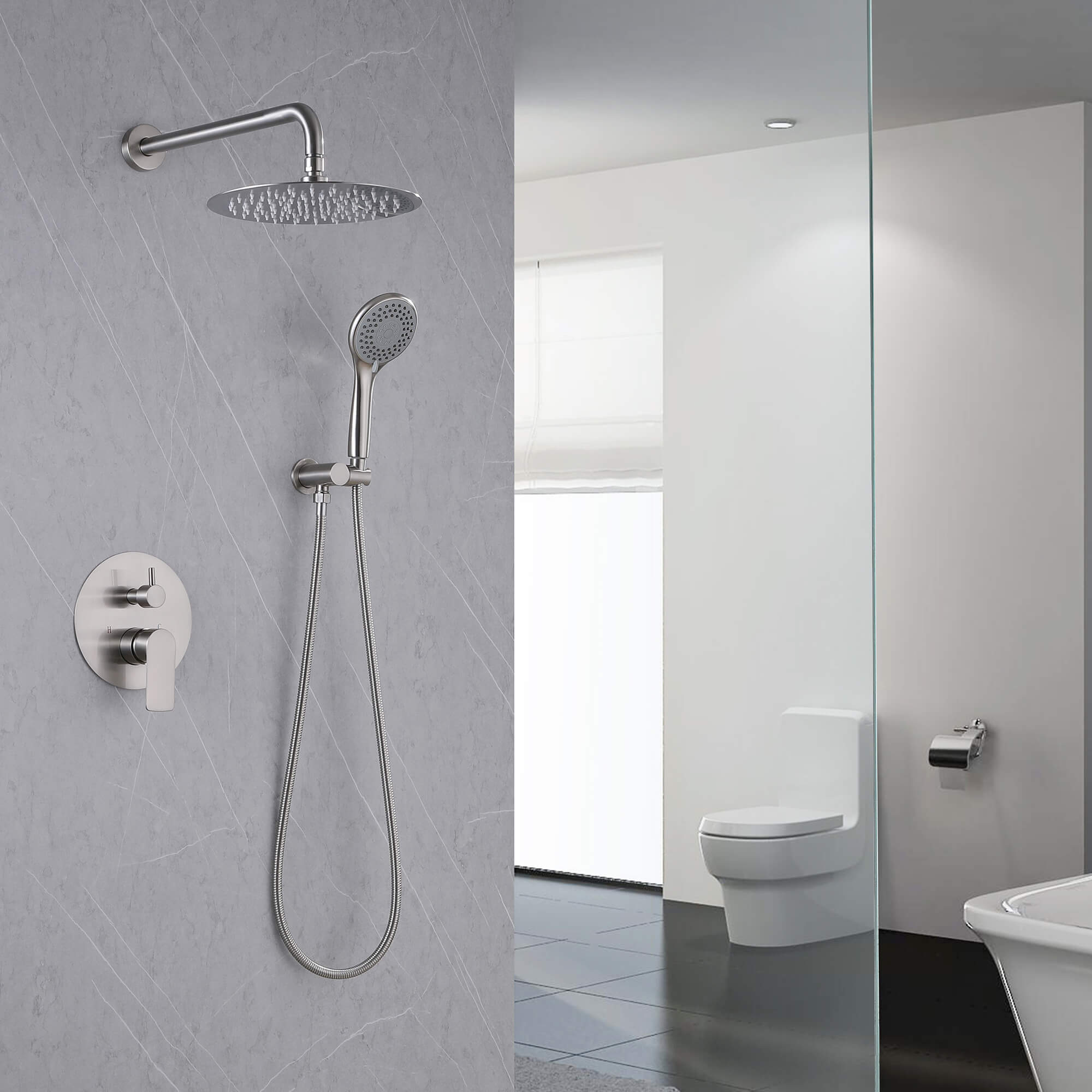 Wall-Mounted Shower System with Rain Shower Head and Handheld Shower