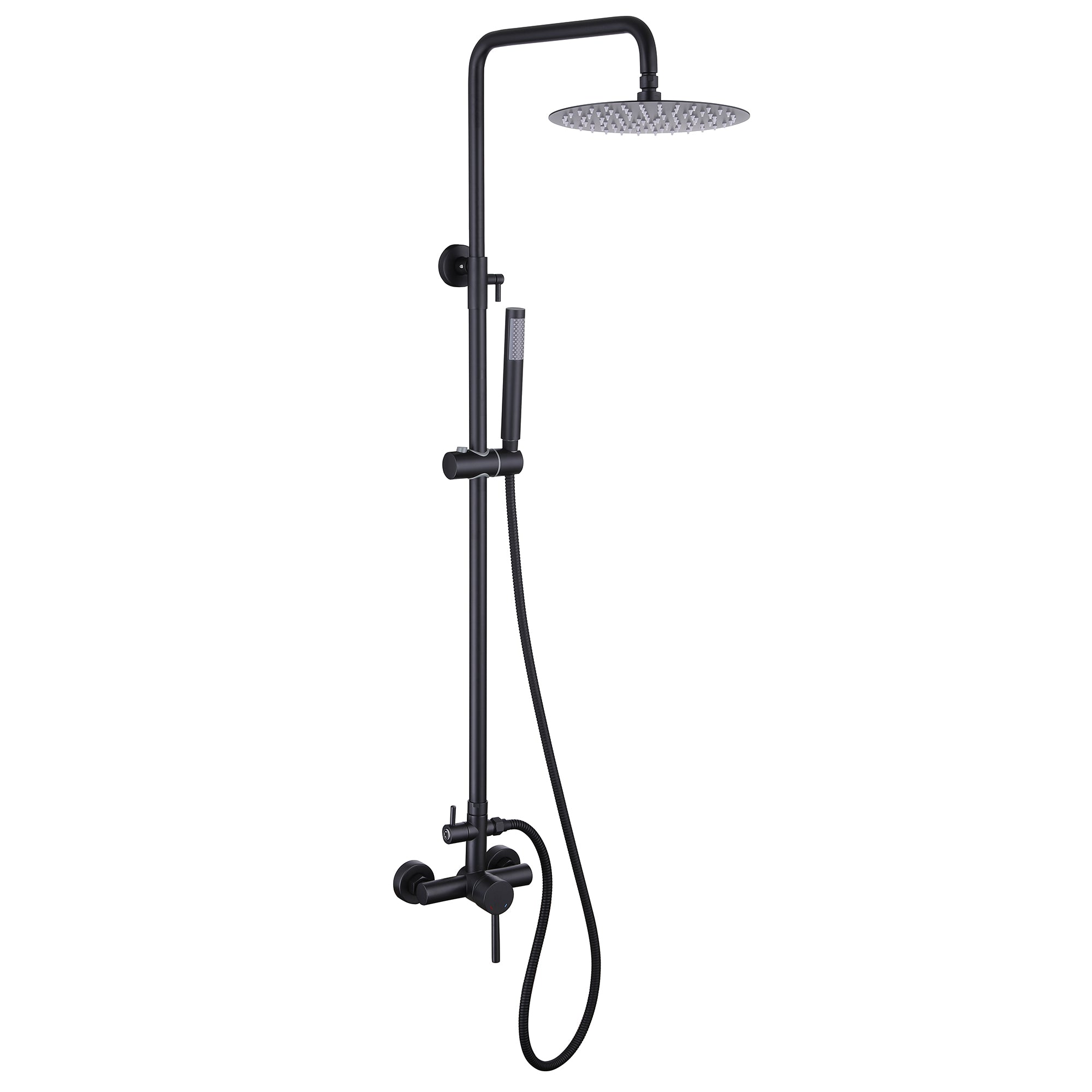 Matte black rainfall outdoor shower with handheld sprayer and adjustable height
