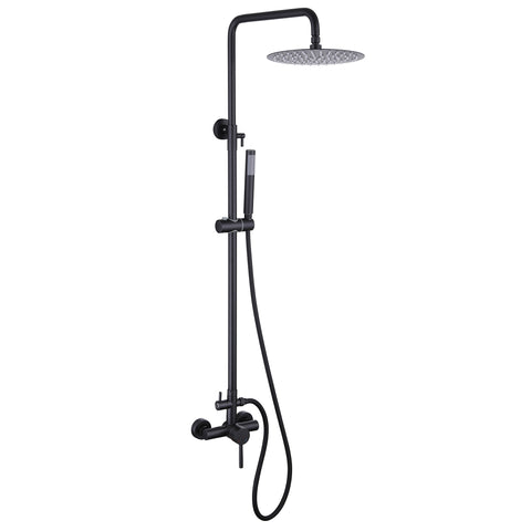 Matte black rainfall outdoor shower with handheld sprayer and adjustable height