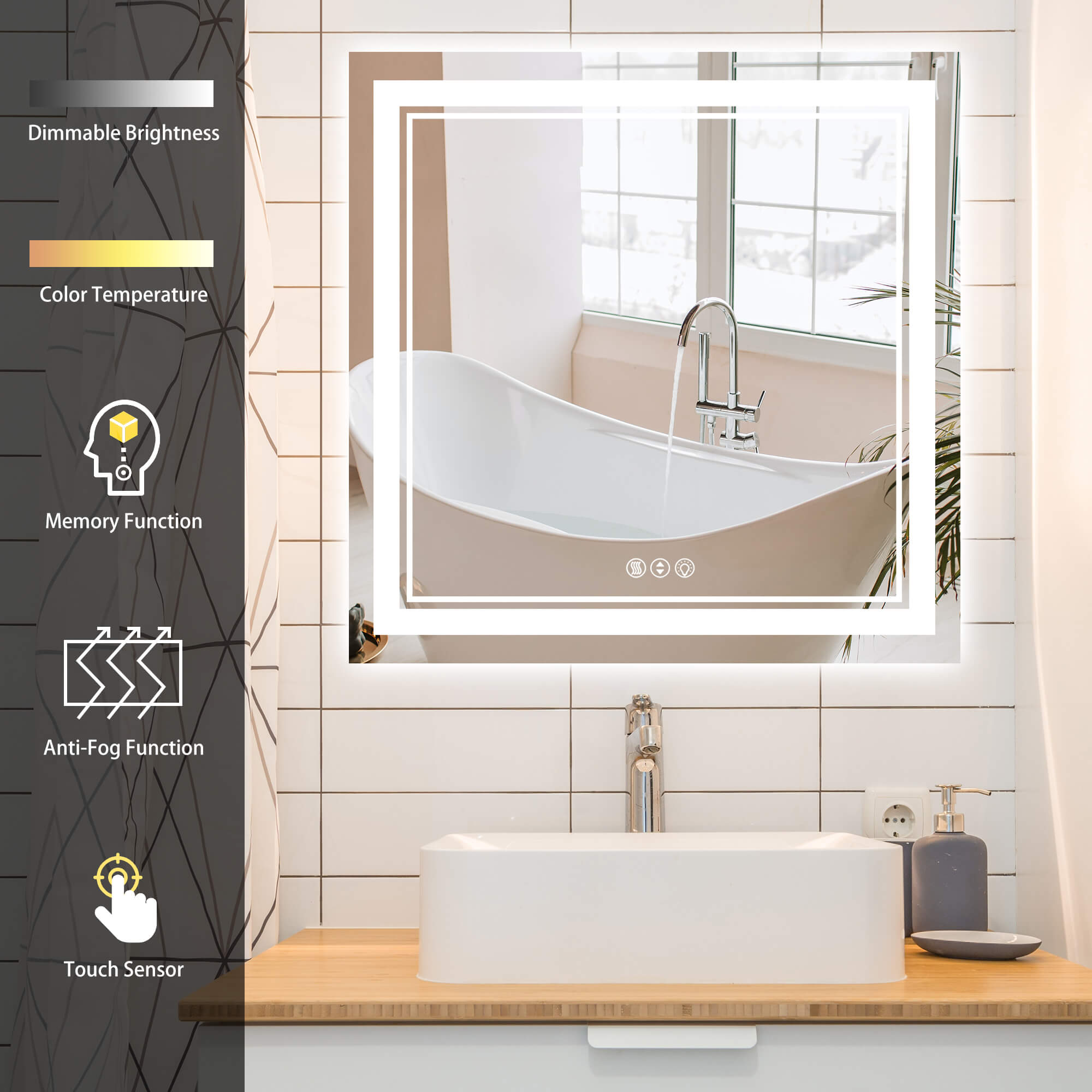 Square LED Vanity Mirror with Dual Light and Anti-Fog