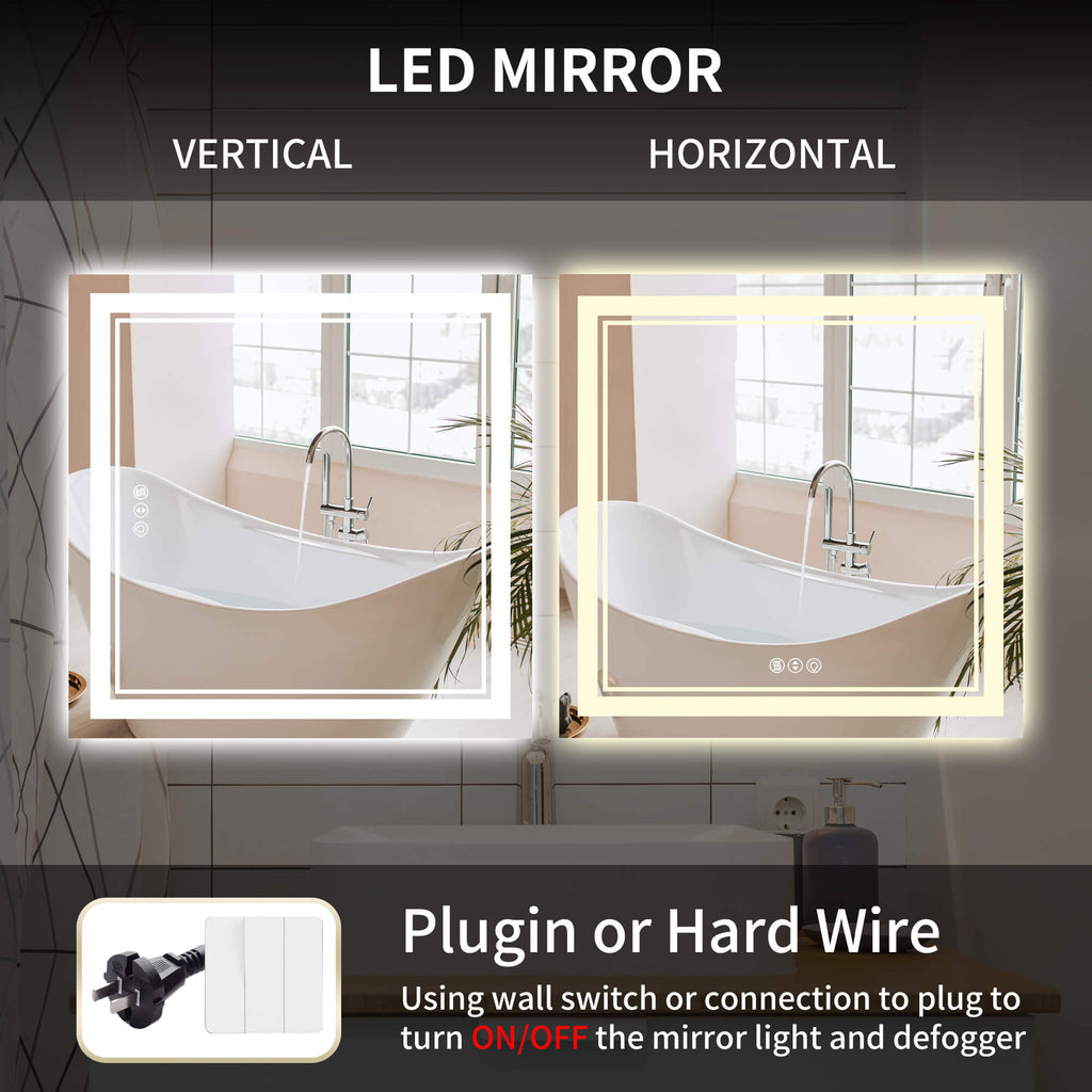 Square LED Vanity Mirror with Dual Light and Anti-Fog