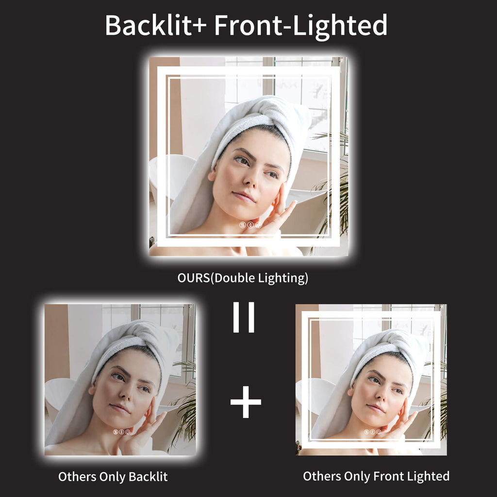 Square LED Vanity Mirror with Dual Light and Anti-Fog