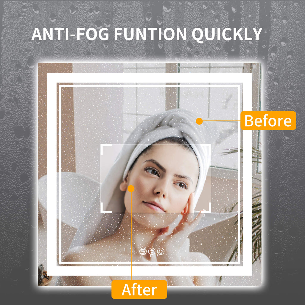 Square LED Vanity Mirror with Dual Light and Anti-Fog