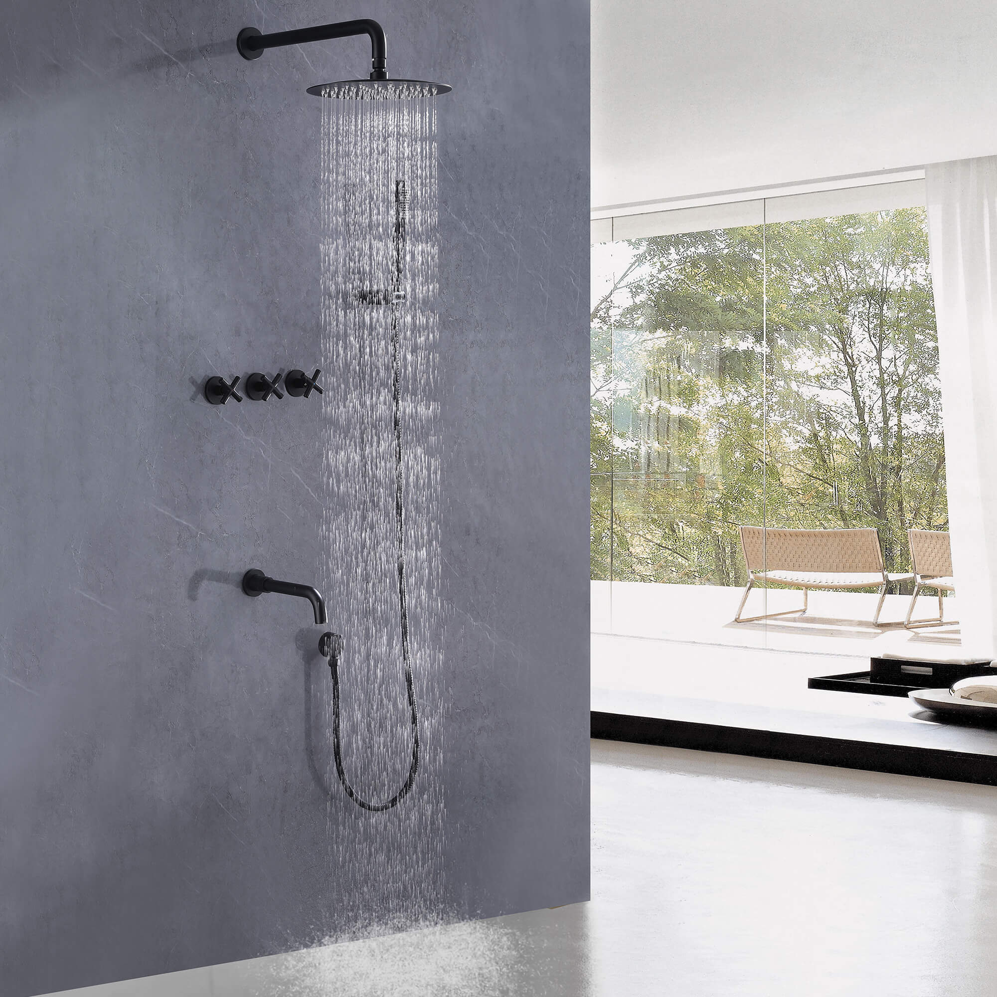 Wall-Mounted Tub Shower Kit with Spout and Triple Handle Controls