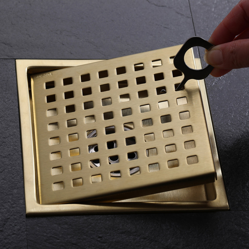 6-Inch Square Shower Drain with Removable Grid and Flange
