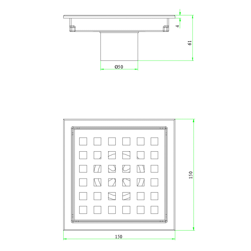 6-Inch Square Shower Drain with Removable Grid and Flange
