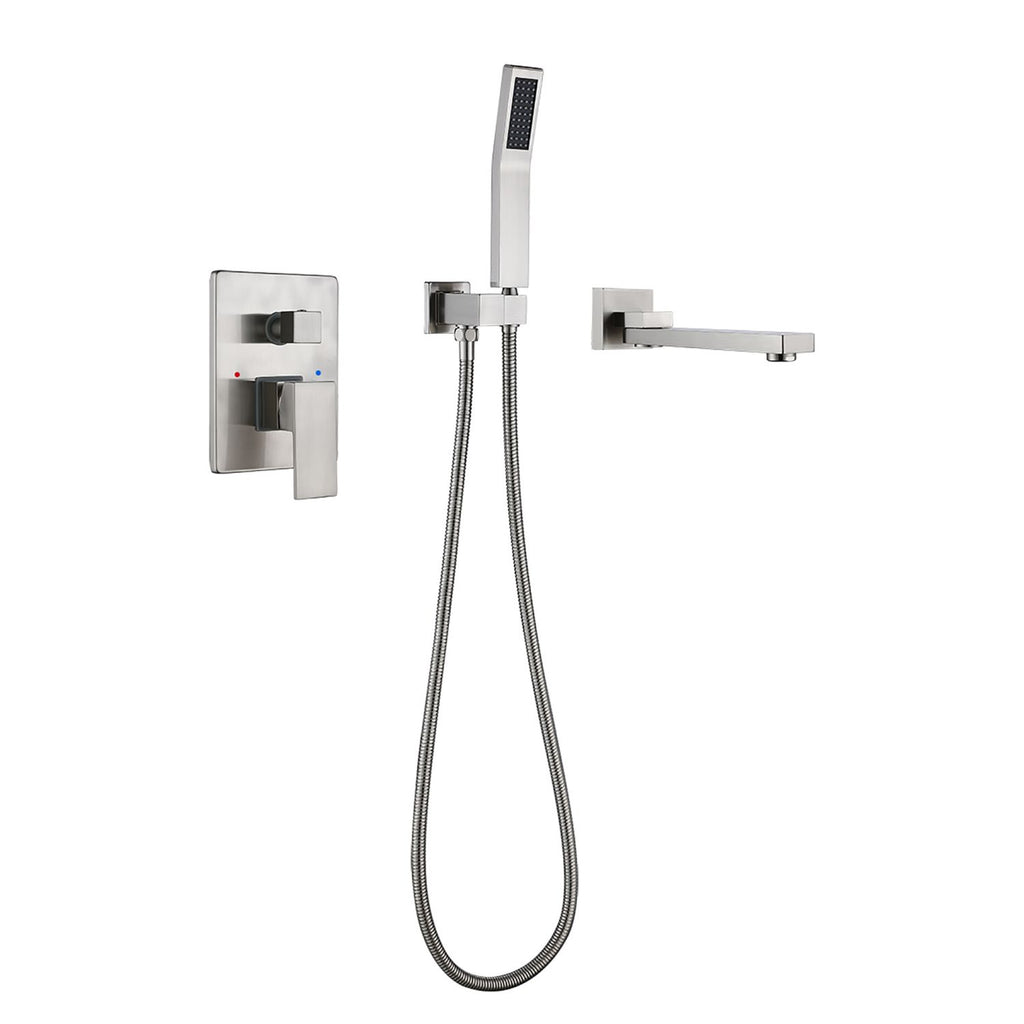 Wall-Mounted Bathtub Faucet with Compact Tub Spout and Matching Hand Shower