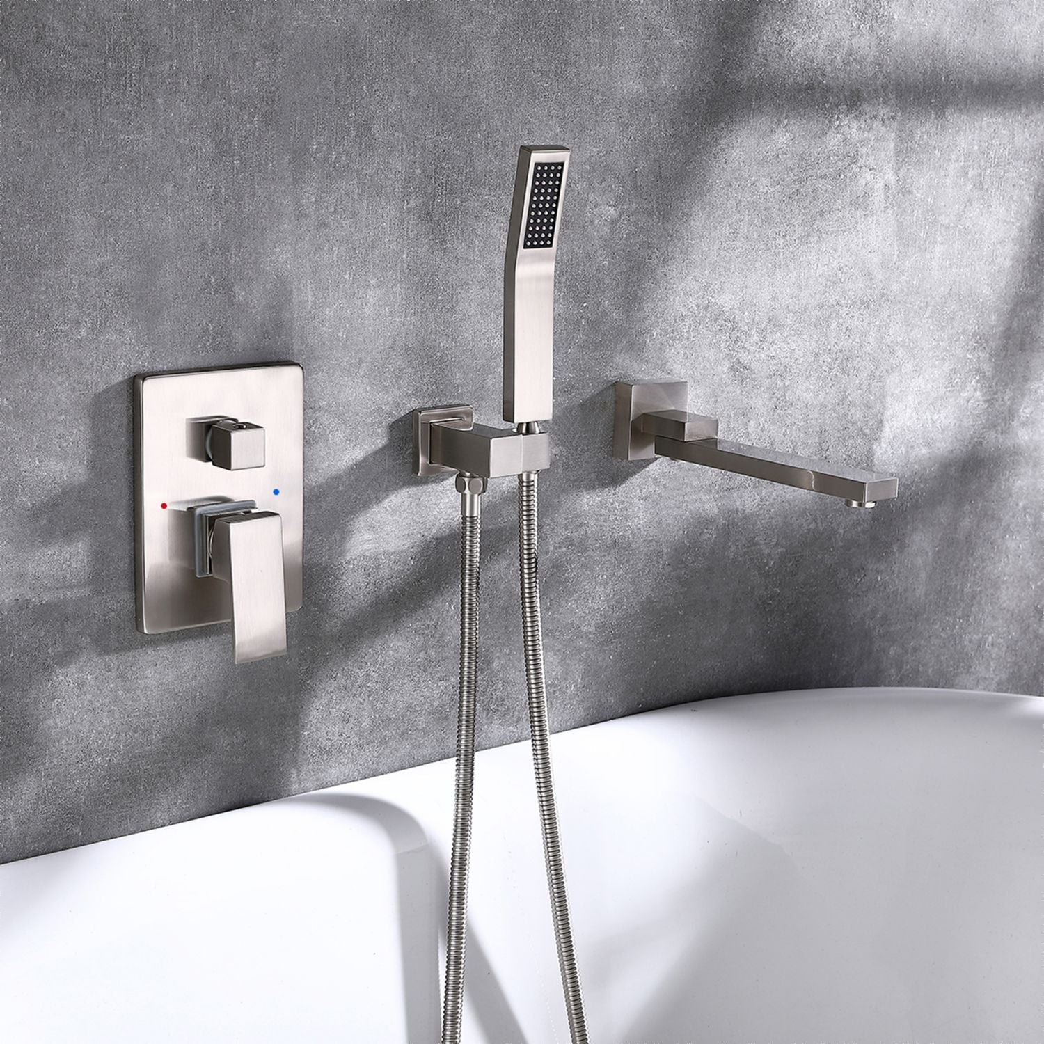 Wall-Mounted Bathtub Faucet with Compact Tub Spout and Matching Hand Shower