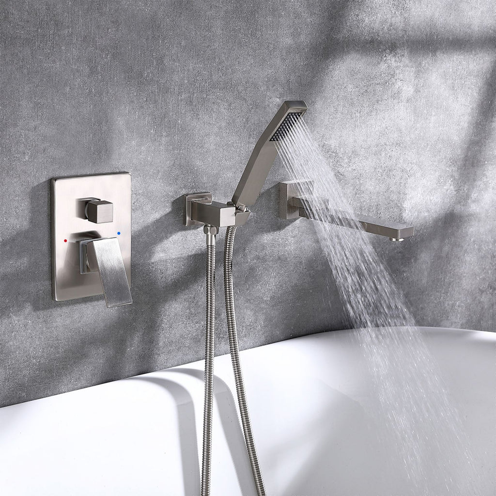 Wall-Mounted Bathtub Faucet with Compact Tub Spout and Matching Hand Shower