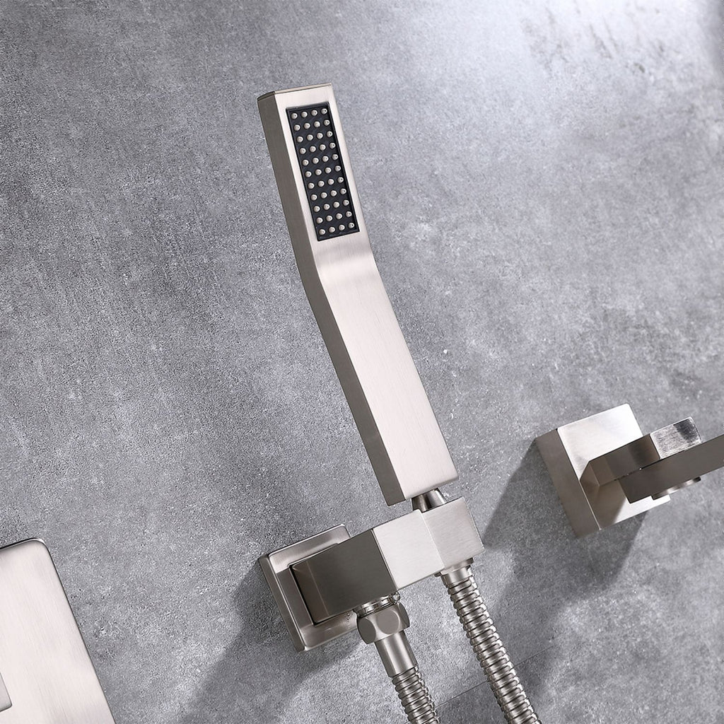 Wall-Mounted Bathtub Faucet with Compact Tub Spout and Matching Hand Shower