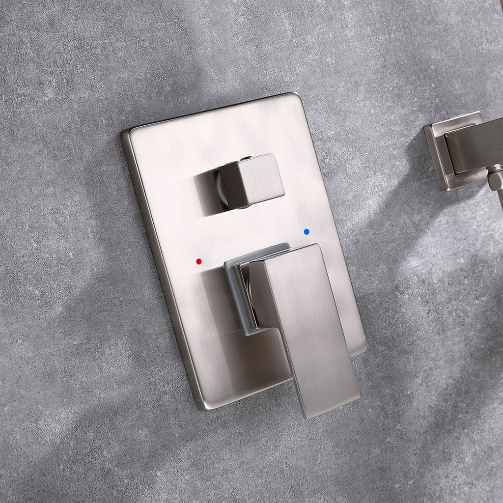 Wall-Mounted Bathtub Faucet with Compact Tub Spout and Matching Hand Shower