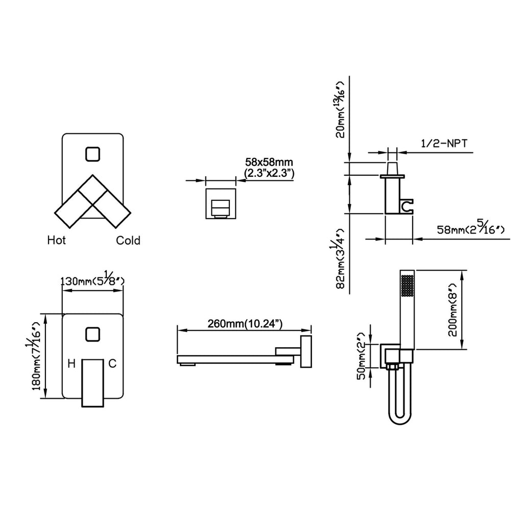 Wall-Mounted Bathtub Faucet with Compact Tub Spout and Matching Hand Shower