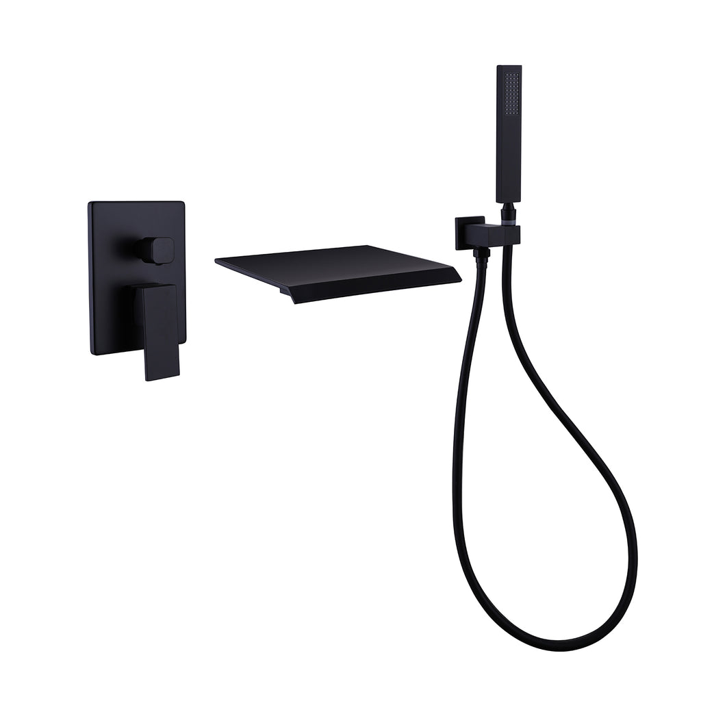Wall-Mounted Waterfall Tub Filler with Shower Wand and Clean Minimal Design