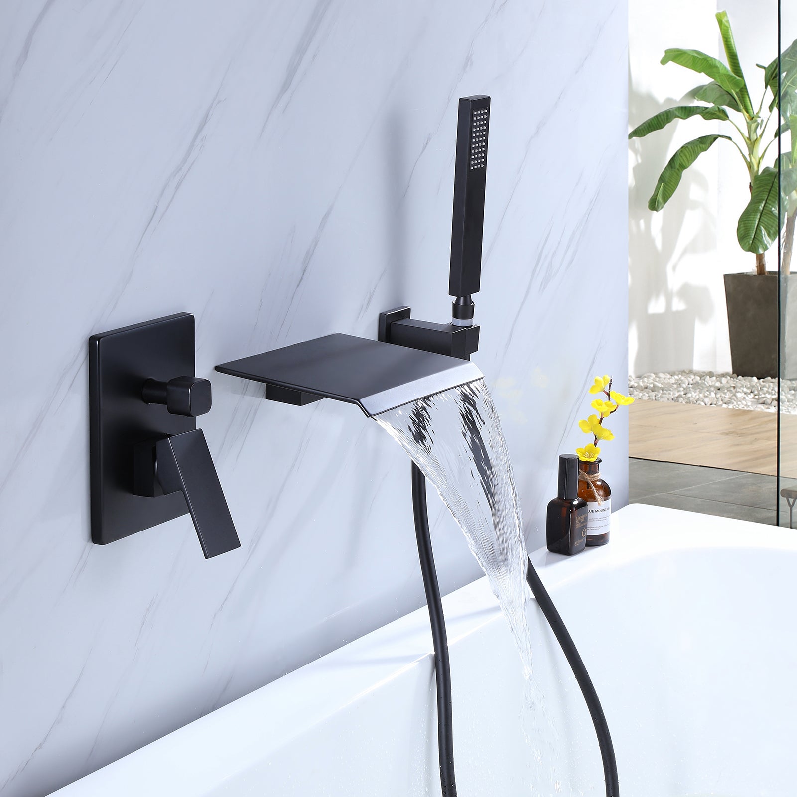 Wall-Mounted Waterfall Tub Filler with Shower Wand and Clean Minimal Design
