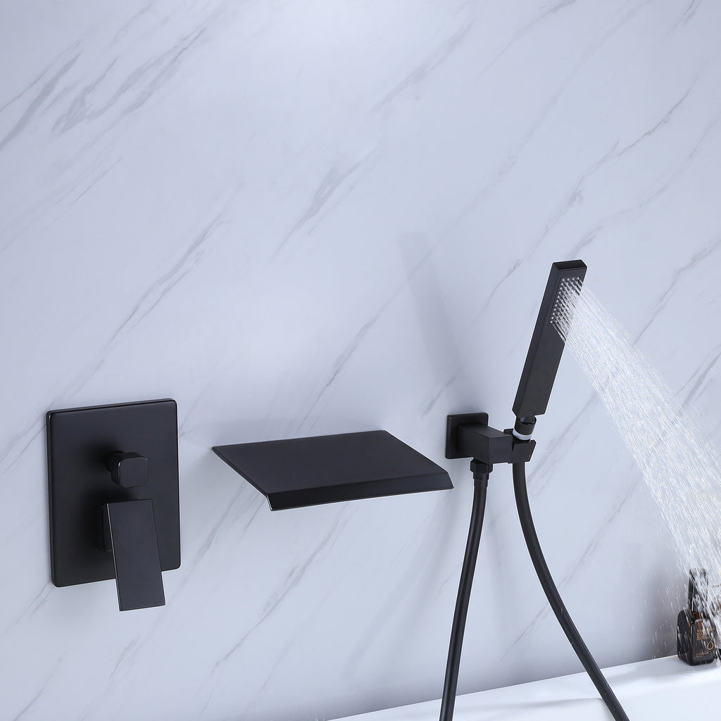 Wall-Mounted Waterfall Tub Filler with Shower Wand and Clean Minimal Design