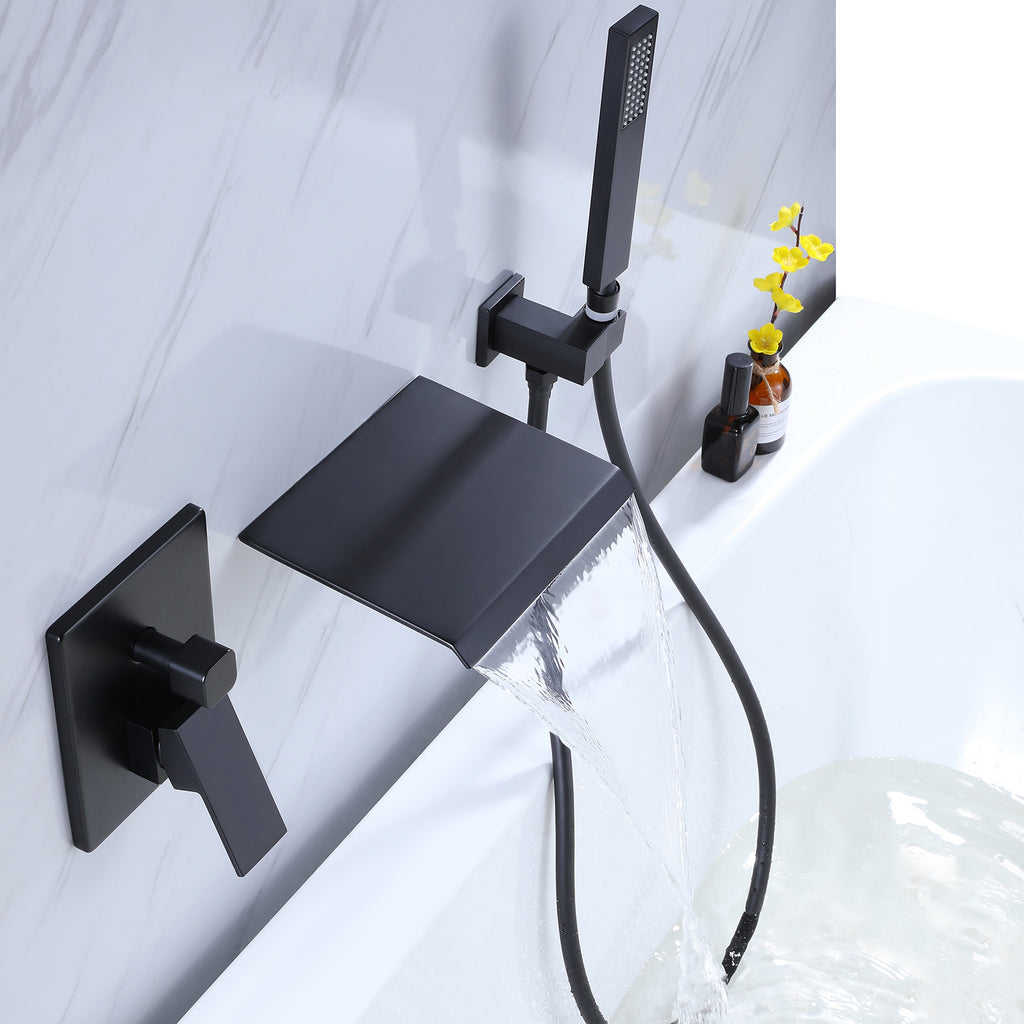 Wall-Mounted Waterfall Tub Filler with Shower Wand and Clean Minimal Design