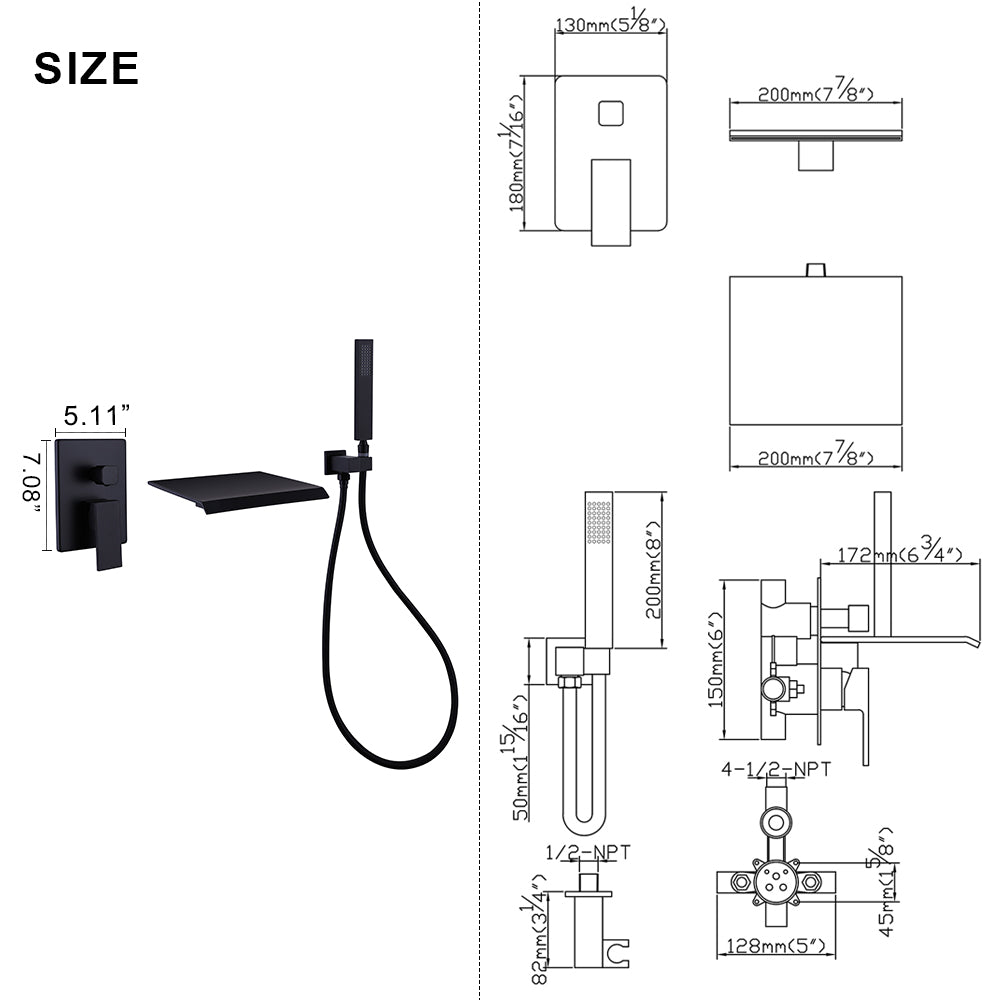 Wall-Mounted Waterfall Tub Filler with Shower Wand and Clean Minimal Design