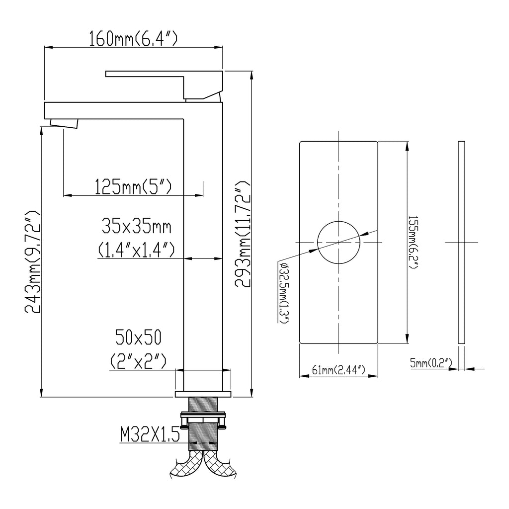 Tall Vessel Faucet with Flat Lever and Square Base