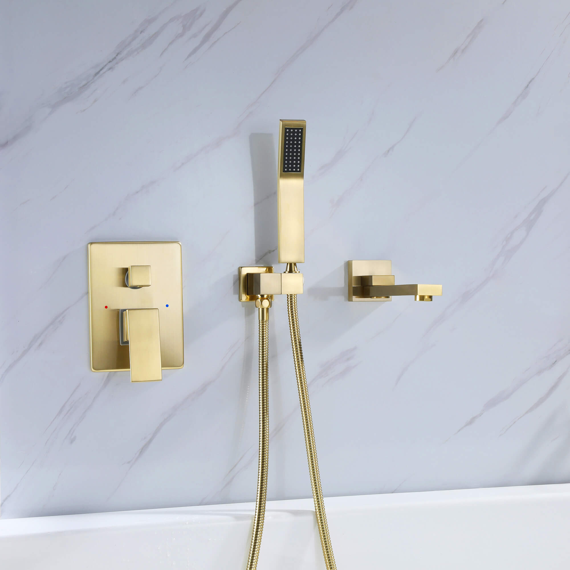 Wall-Mounted Bathtub Faucet with Hand Shower and Minimalist Control Panel