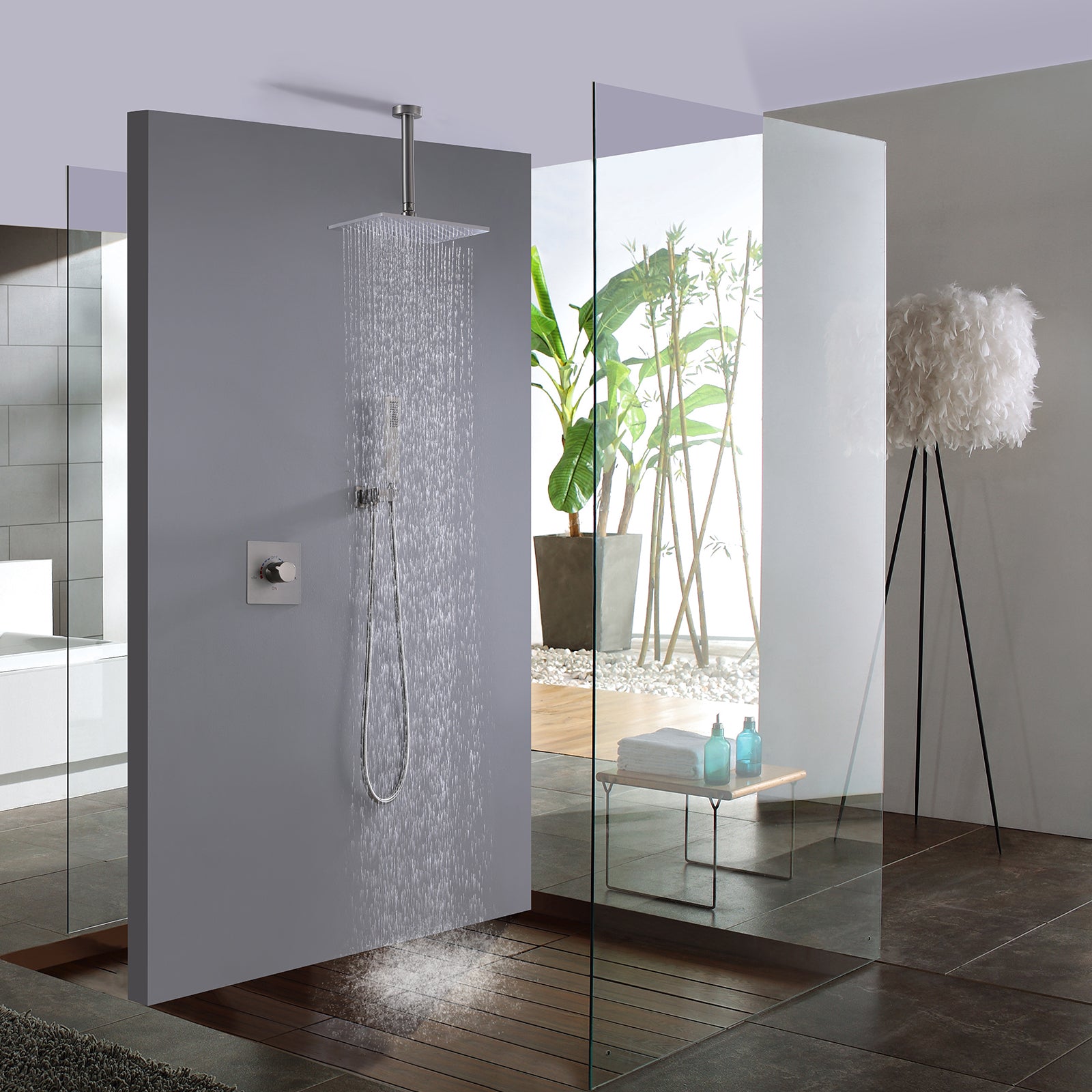 Concealed Ceiling-Mounted Single Handle Brushed Nickel Shower Faucet Set
