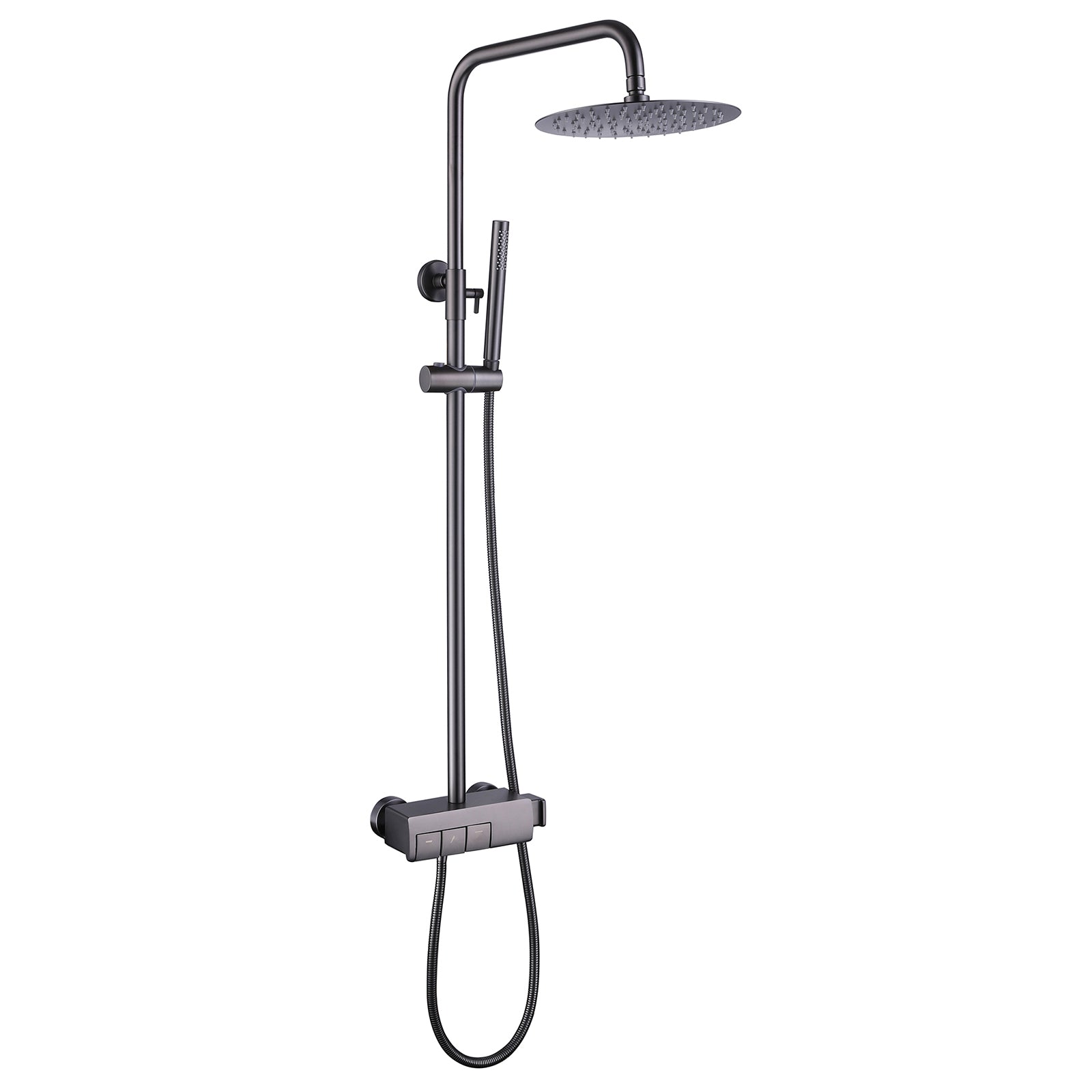 Gray Exposed Shower System with Rainfall Head & Handheld Button Control