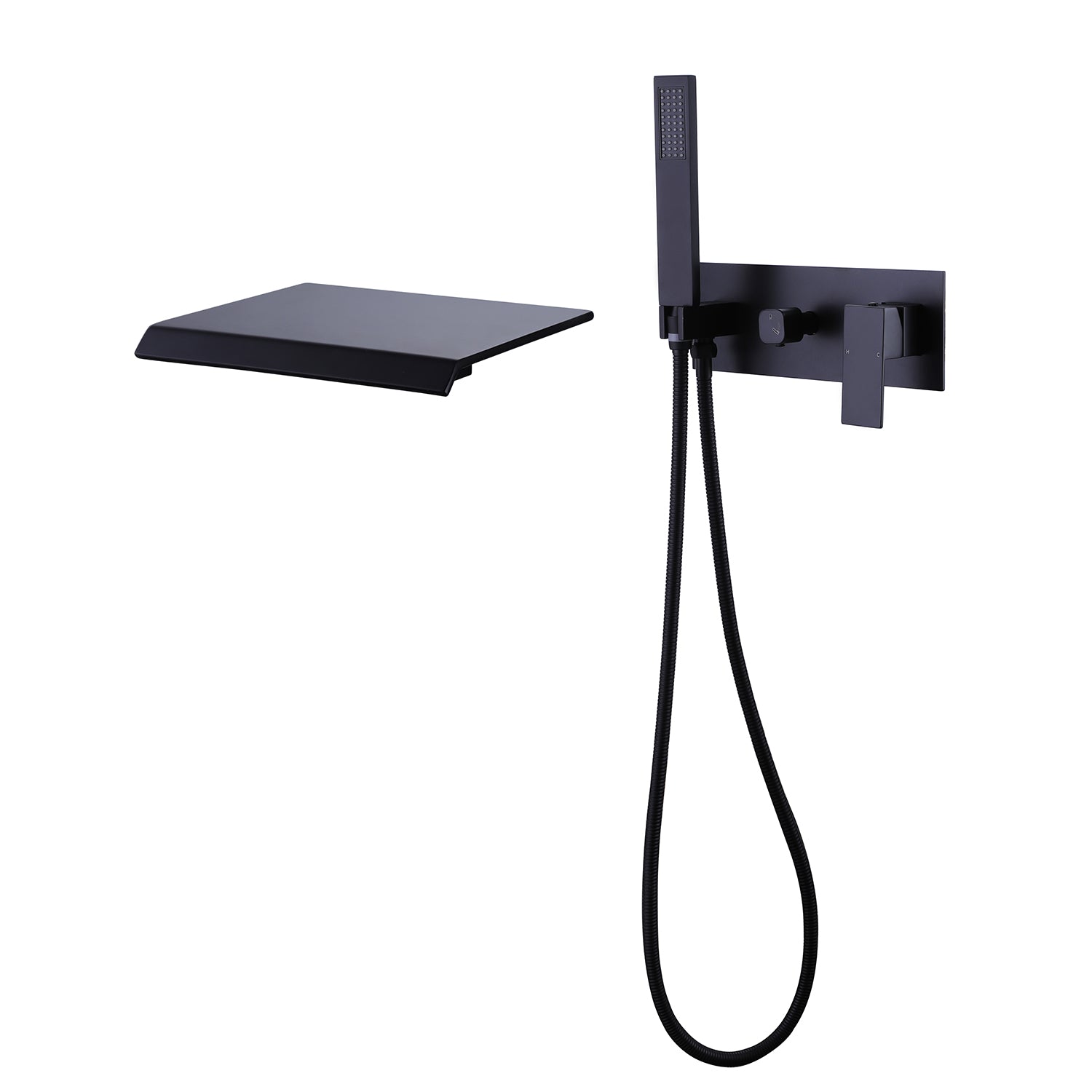 Wall-Mounted Tub Filler with Waterfall Spout and Matching Shower Wand