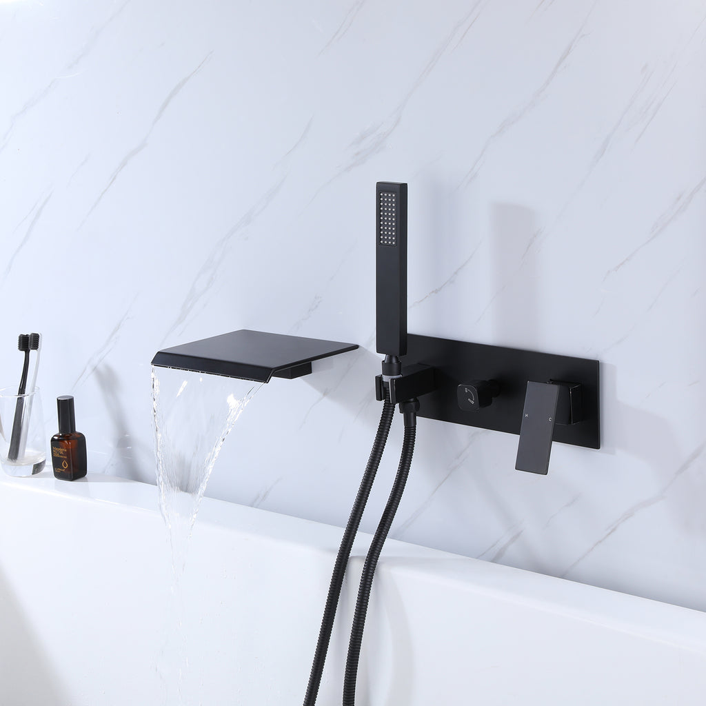 Wall-Mounted Tub Filler with Waterfall Spout and Matching Shower Wand
