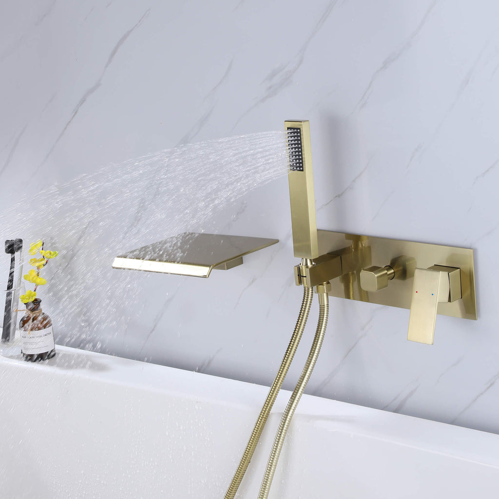 Waterfall Wall-Mounted Tub Filler with Handheld Shower and Flat Spout Style