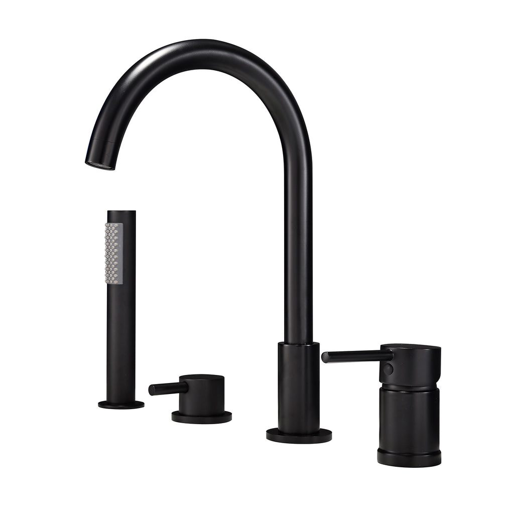 Deck-Mounted 4-Hole Tub Filler with Dual Handles and Handheld Shower