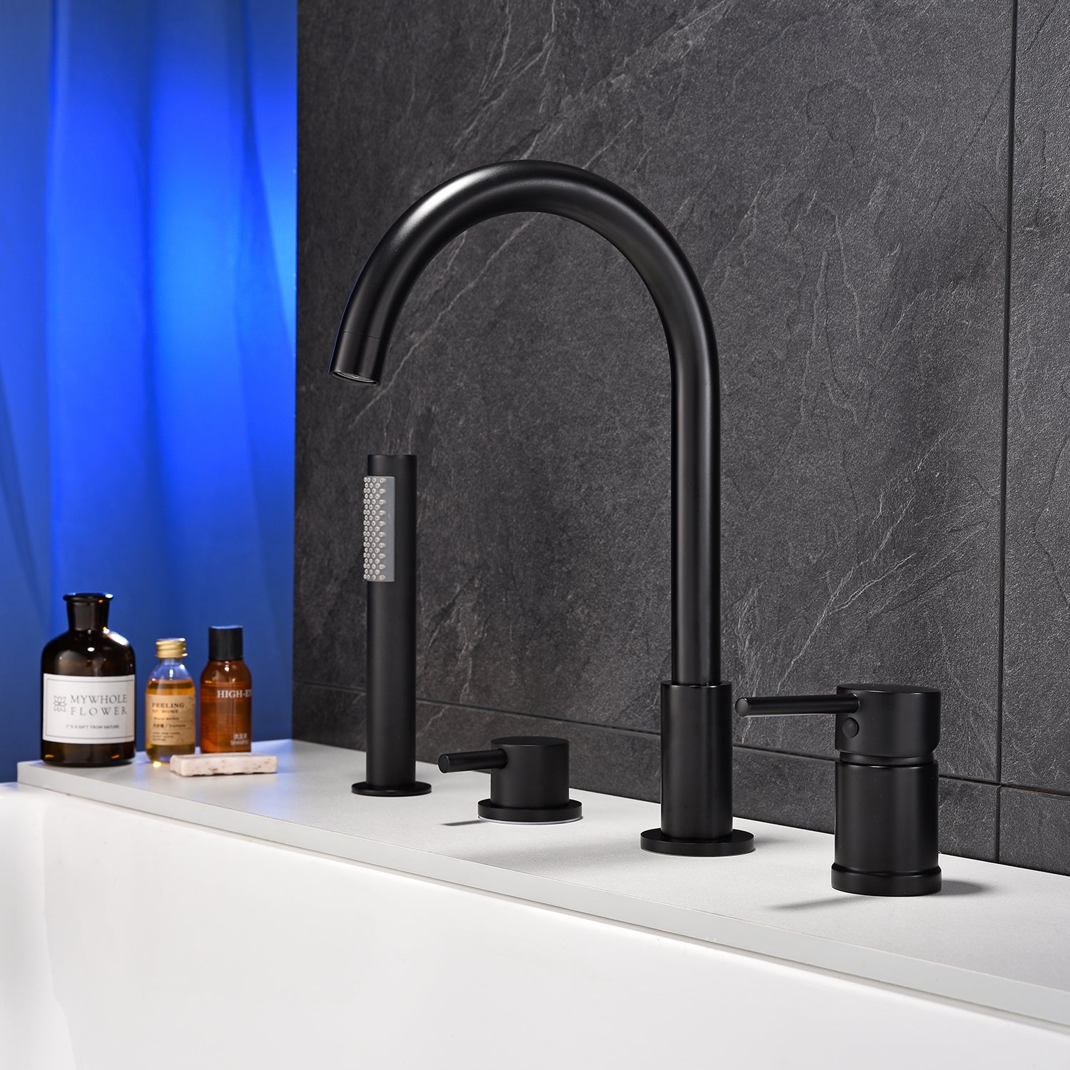 Deck-Mounted 4-Hole Tub Filler with Dual Handles and Handheld Shower