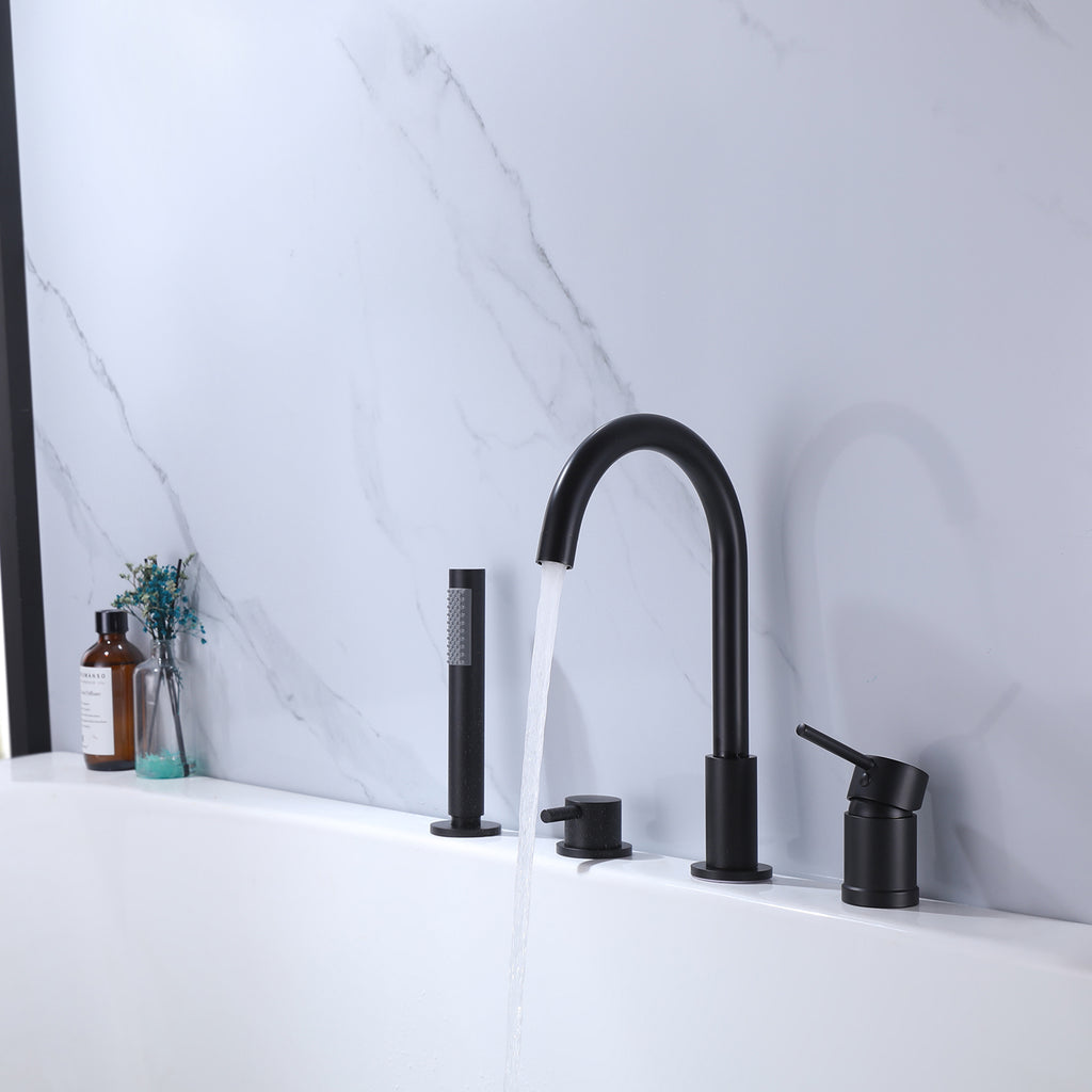Deck-Mounted 4-Hole Tub Filler with Dual Handles and Handheld Shower