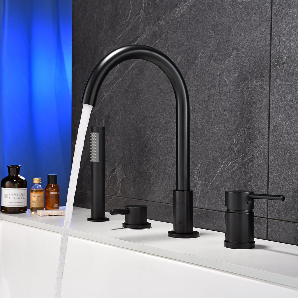 Deck-Mounted 4-Hole Tub Filler with Dual Handles and Handheld Shower