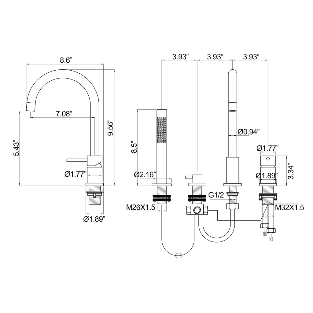Deck-Mounted 4-Hole Tub Filler with Dual Handles and Handheld Shower