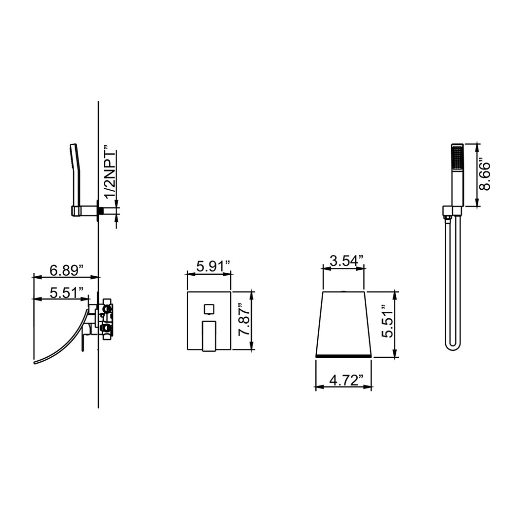 Wall-Mounted Waterfall Tub Faucet with Handheld Shower and Contemporary Design