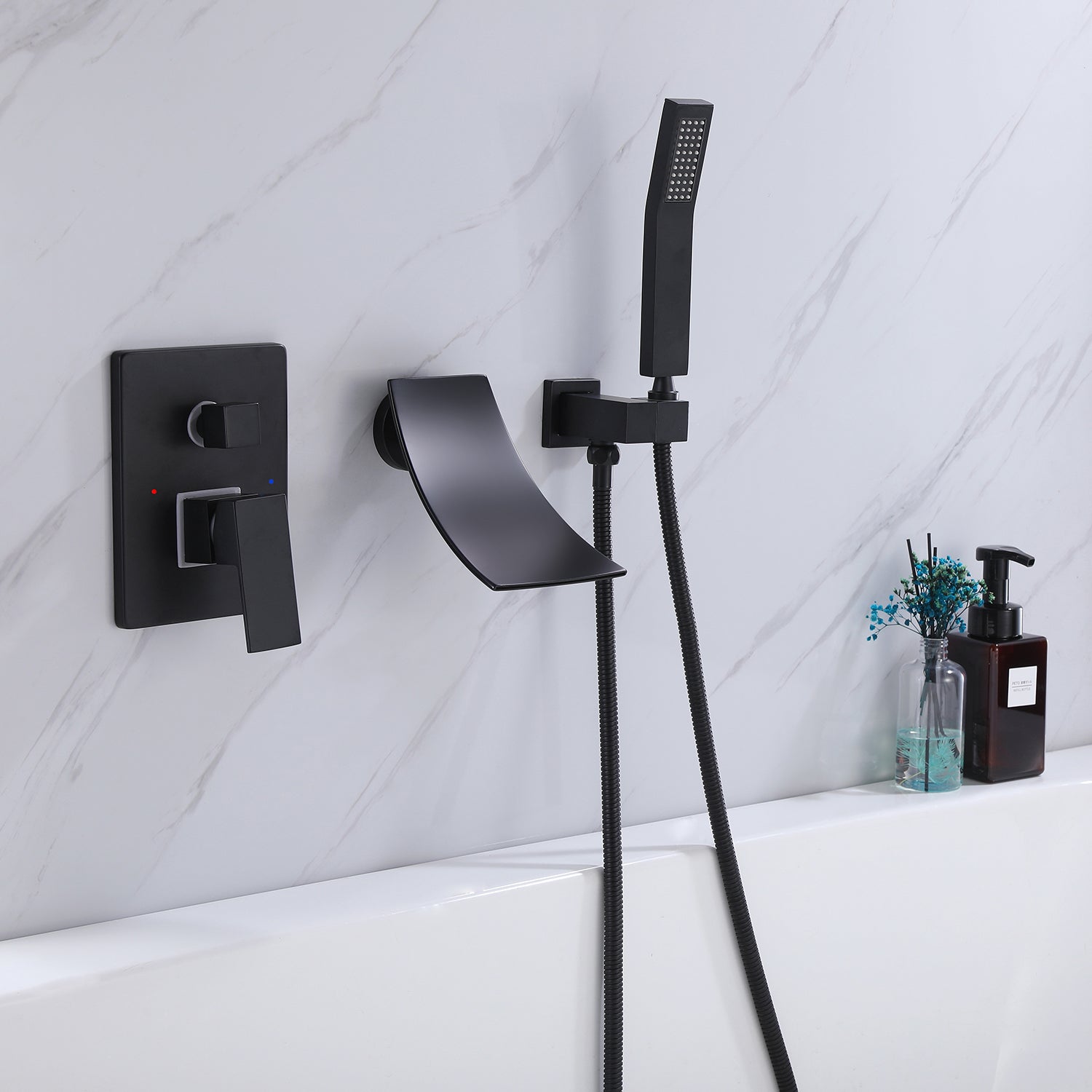 Wall-Mounted Waterfall Tub Faucet with Handheld Shower and Contemporary Design