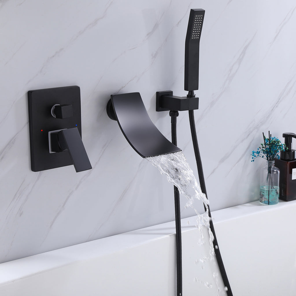 Wall-Mounted Waterfall Tub Faucet with Handheld Shower and Contemporary Design