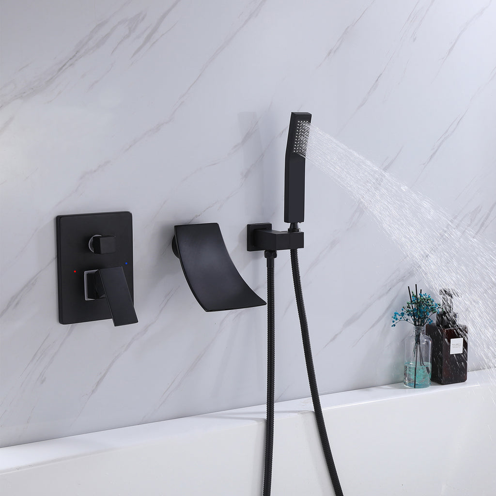 Wall-Mounted Waterfall Tub Faucet with Handheld Shower and Contemporary Design