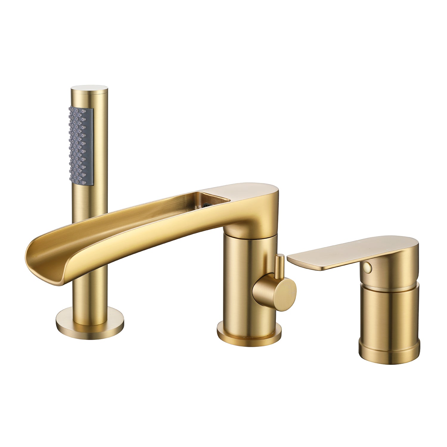 Deck-Mounted Roman Tub Faucet with Waterfall Spout and Handheld Shower