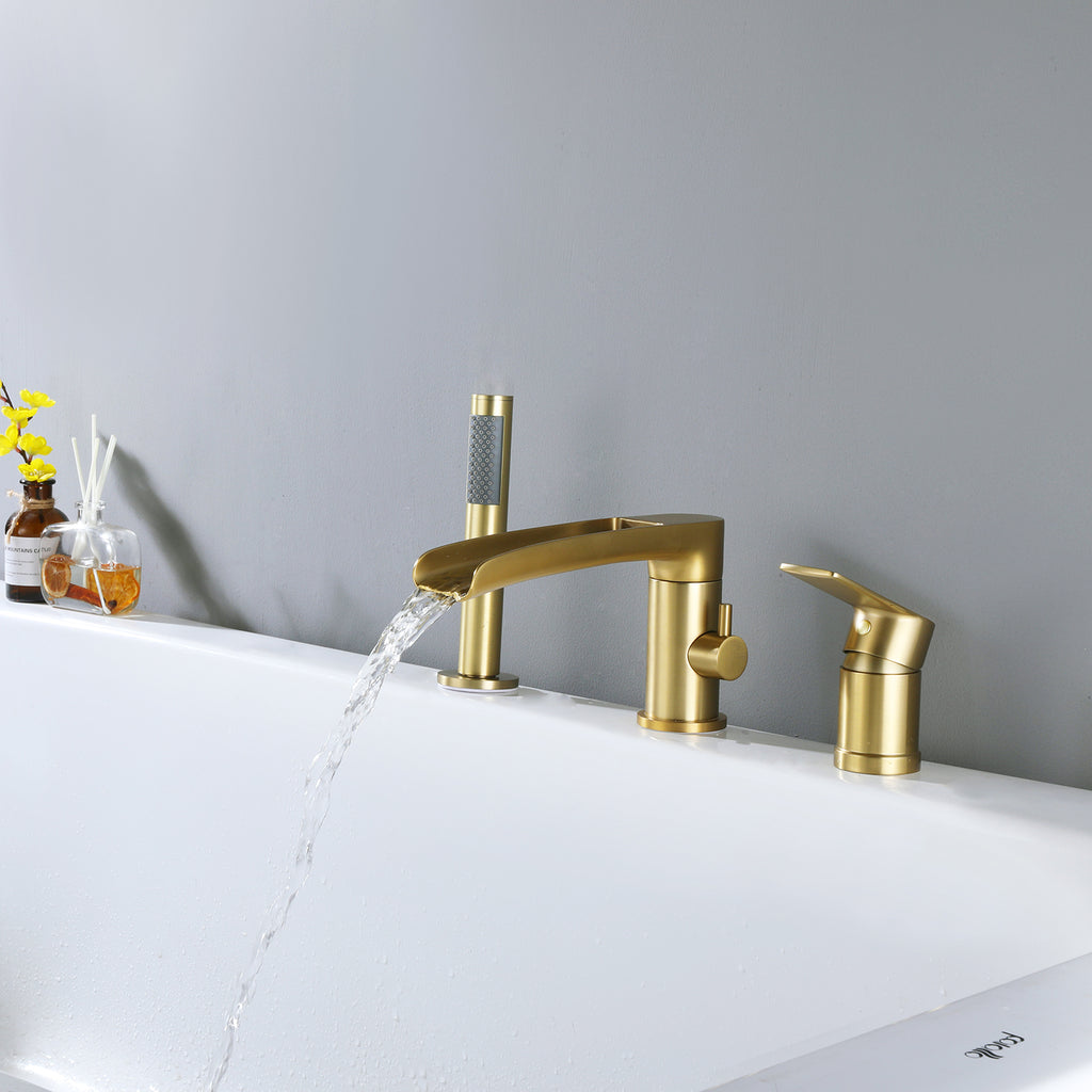 Deck-Mounted Roman Tub Faucet with Waterfall Spout and Handheld Shower